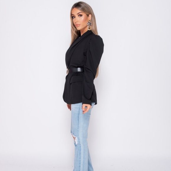 LAST 1 Black Long Puff Sleeve Belted Blazer Jacket - Picture 4 of 8